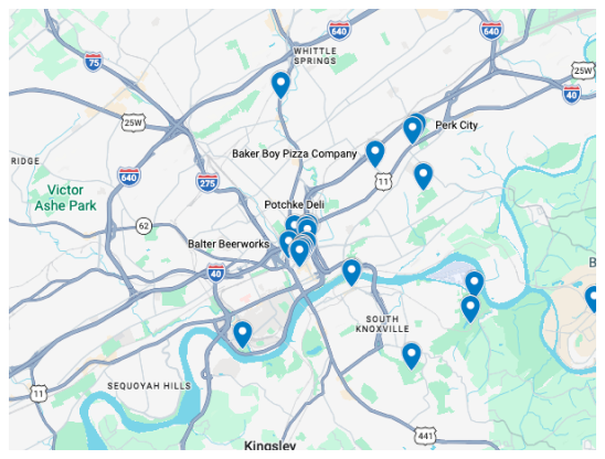 Graphic map representing Knoxville and some of our favorite things to do